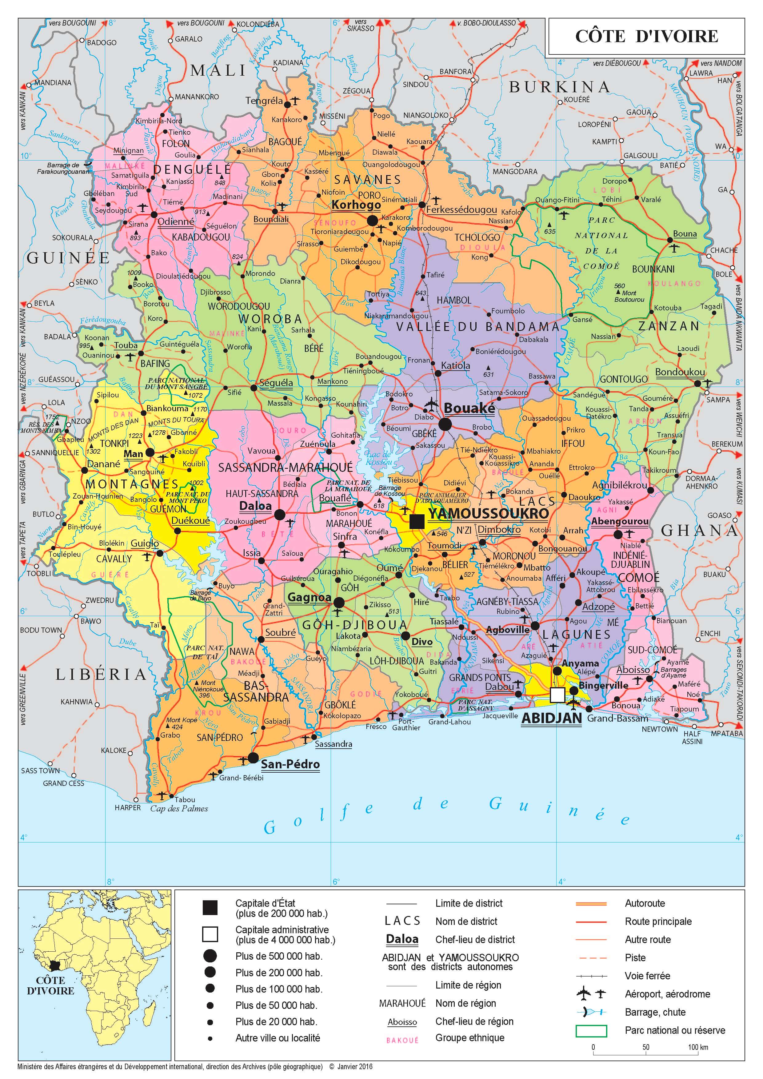 Mini Carte Côte d'Ivoire – Villes, Régions, Routes, Pistes, Aéroports & Parcs